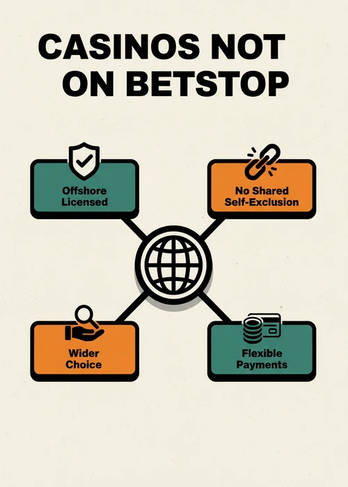 What casinos not on BetStop offer AU players — offshore licensed, no shared self-exclusion, wider choice and flexible payments.