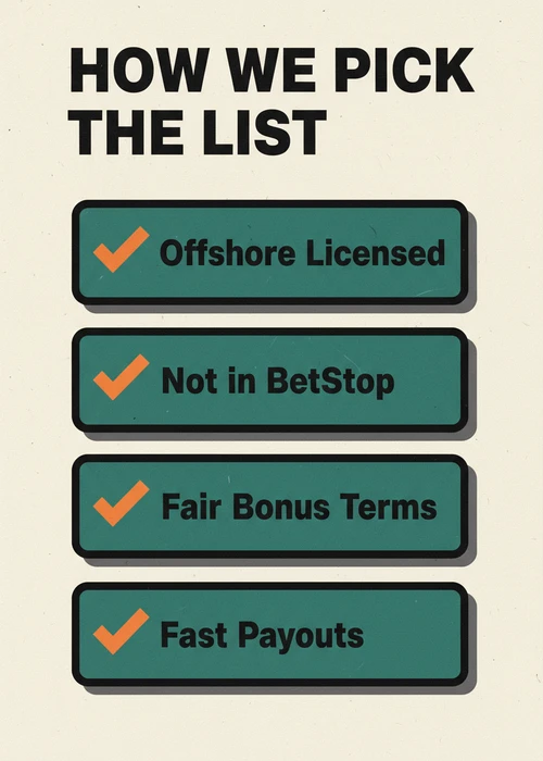 How we pick the casinos not on BetStop list — offshore licensed, not in BetStop, fair bonus terms and fast payouts.