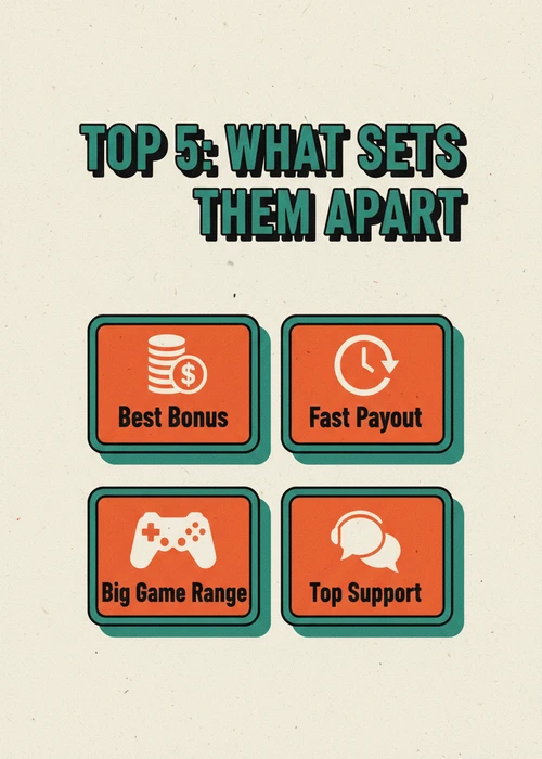 What sets the top 5 casinos not on BetStop apart — best bonus, fast payout, big game range and top support.