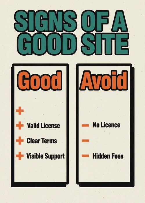 Signs of a good casino not on BetStop — valid licence, clear terms and visible support versus no licence and hidden fees.